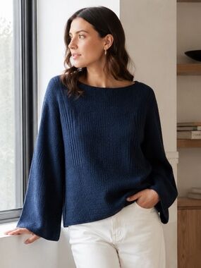 Poetry Navy Baby Alpaca Cotton Ribbed Knit Boat Neck Tunic Sweater Size 18